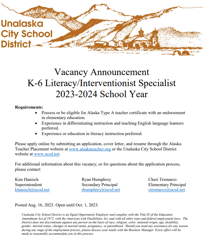 Vacancy Announcement: K-6 Literacy/Interventionist Specialist