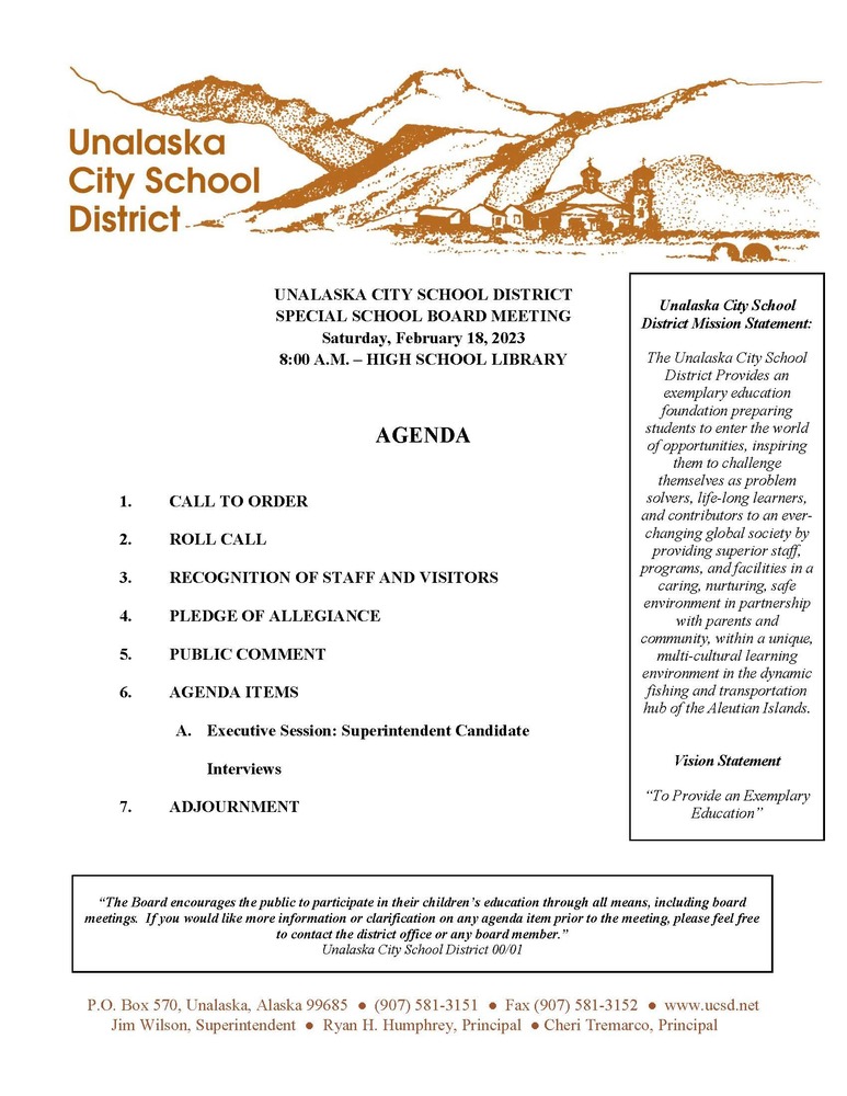 2023_02_18 Special School Board Meeting Agenda